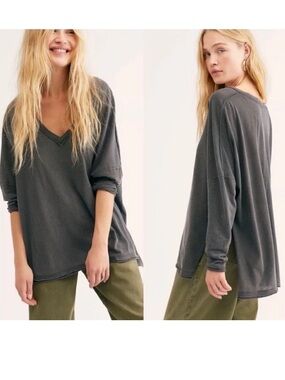 Free People Washed Charcoal V-Neck Long Sleeve Top